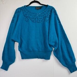 Vintage Rochelle California Blue Sequin Dolman Sleeve Knit Sweater XL 80s Retro
